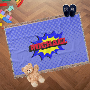 Superhero Kids Comic Book Personalized Name Throw Blanket