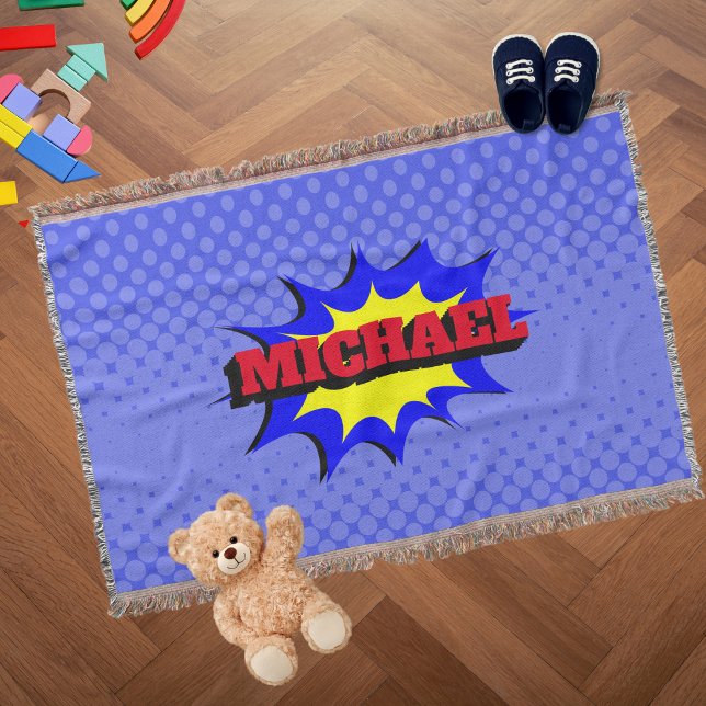 Superhero Kids Comic Book Personalized Name Throw Blanket (Creator Uploaded)