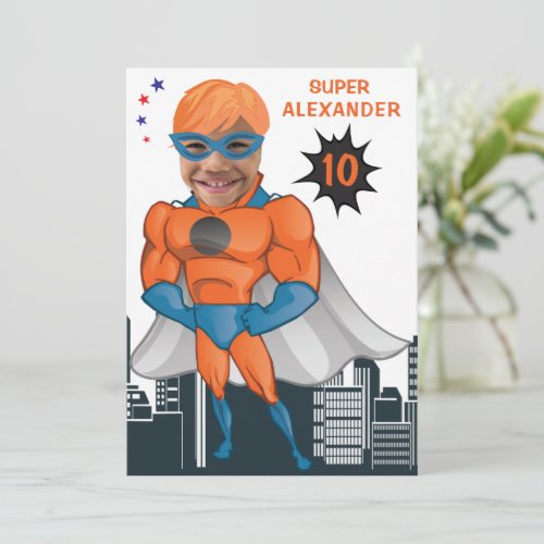 Superhero Muscle Man Orange Greatest Fun Birthday  Invitation