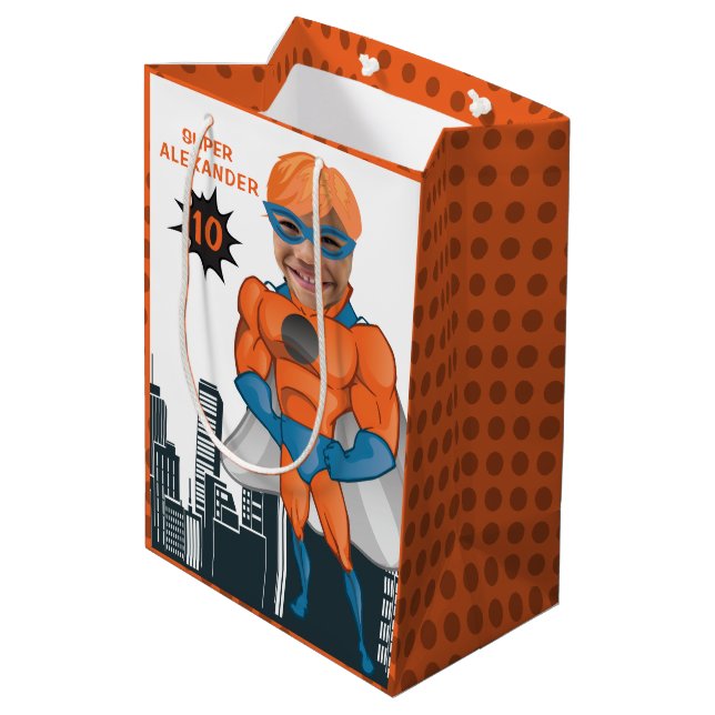 Superhero Muscle Man Orange Greatest Fun Birthday Medium Gift Bag (Back Angled)