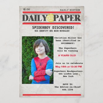 Superhero Newspaper Birthday Invitation by ThreeFoursDesign at Zazzle