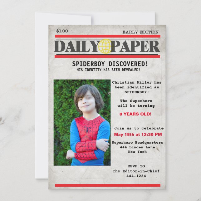 Superhero Newspaper Birthday Invitation (Front)