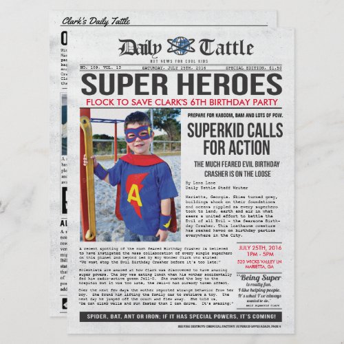 Superhero Newspaper Invitation - 6.5 x 8.75 - Planning a superhero party? Invite your children's guests to come dressed in their favorite superheroes' costumes, capes and masks. This invitation mimics a retro newspaper.  Great for birthday boys who love superheroes themes. 

***PLEASE CAREFULLY REVIEW AND PROOFREAD ALL TEXT BEFORE SUBMITTING TO ZAZZLE***
