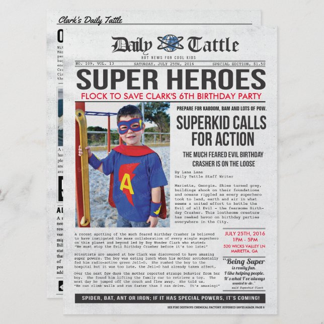 Superhero Newspaper Invitation - 6.5 x 8.75 (Front/Back)