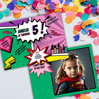 Superhero Party Comic Book Birthday Photo Girl Invitation