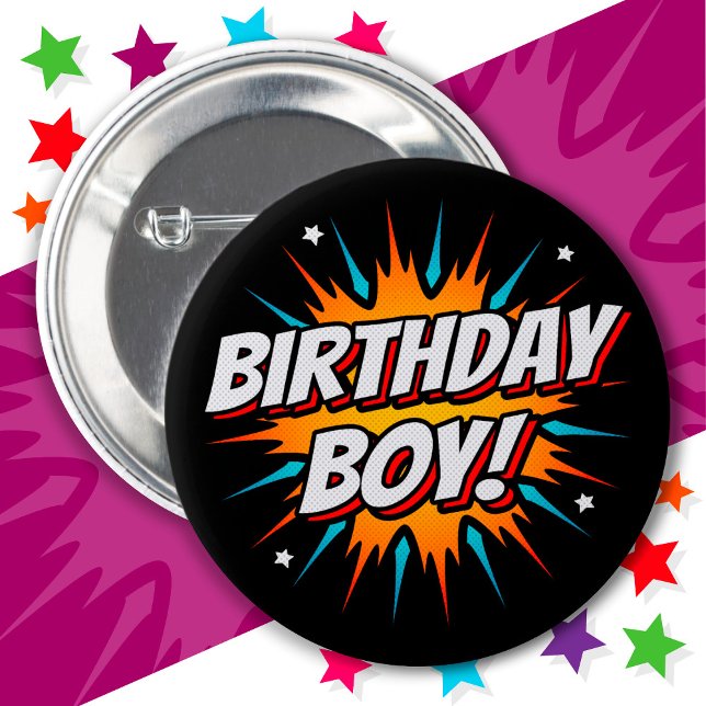 Superhero Party Comic Book Hero Birthday Boy Button (Creator Uploaded)