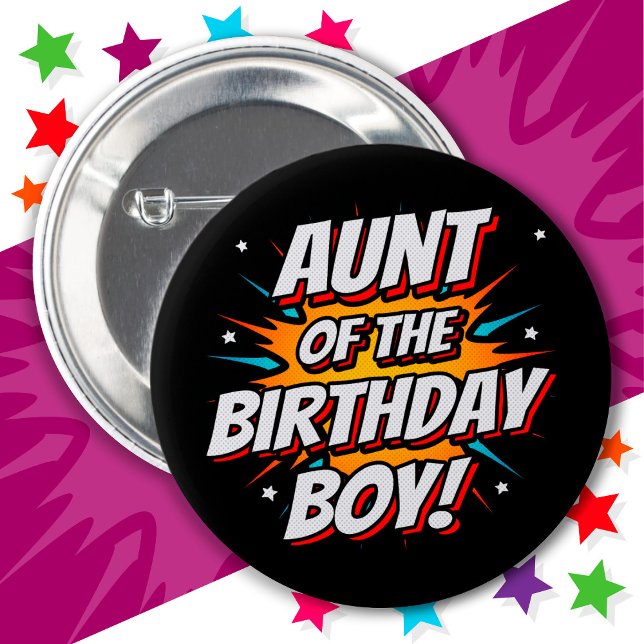 Superhero Party Comics Aunt of Birthday Boy Button (Creator Uploaded)