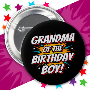 Superhero Party Comics Grandma of Birthday Boy Button