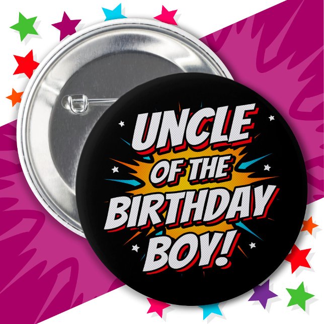 Superhero Party Comics Uncle of Birthday Boy Button (Creator Uploaded)