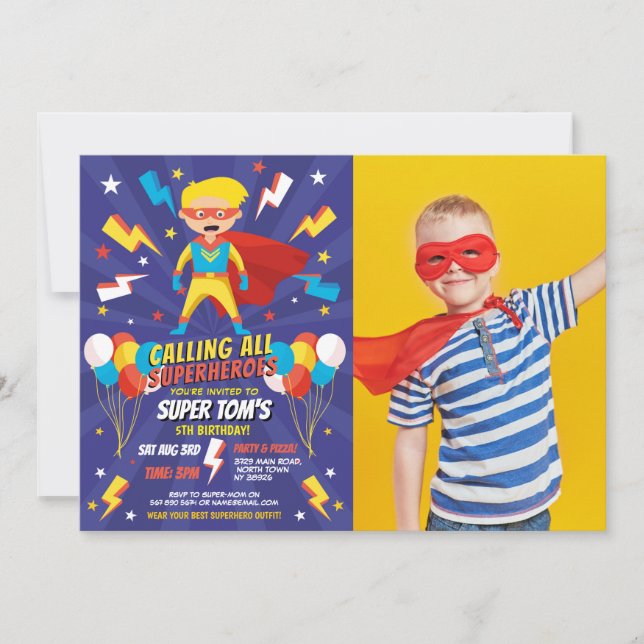 Superhero Party Invitation Boys Blue Photo Super (Front)