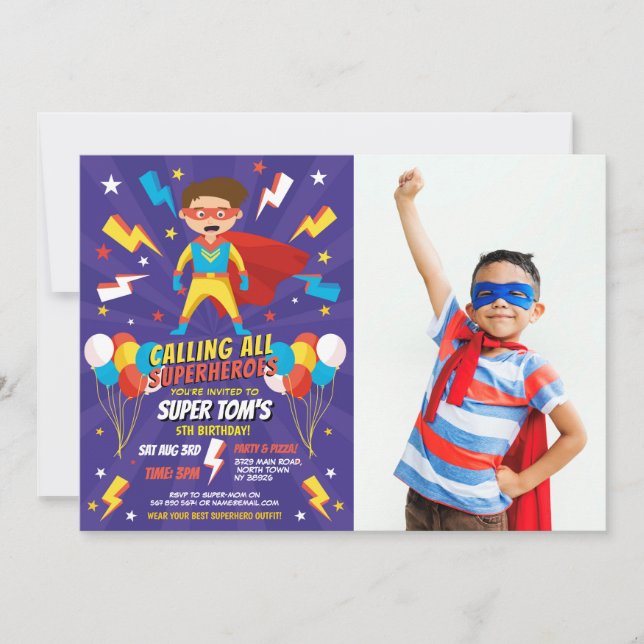 Superhero Party Photo Boys Blue Stars Super  Invitation (Front)