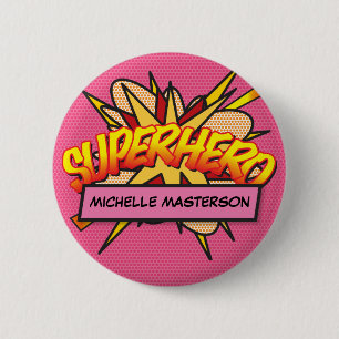 SUPERHERO Personalized Comic Book Pink Button
