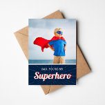 Superhero Personalized Father's Day Photo Card<br><div class="desc">Affordable custom printed Father's Day card personalized with your photo and text. This fun design features a bold red and blue superhero theme with your custom photo. Text reads "Dad, You're My Superhero" or add your own custom greeting. Use the design tools to add more photos, edit the text and...</div>