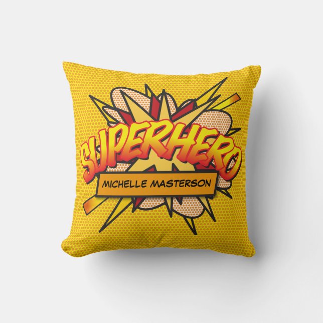 SUPERHERO Personalized Funny Modern Comic Book Throw Pillow (Front)