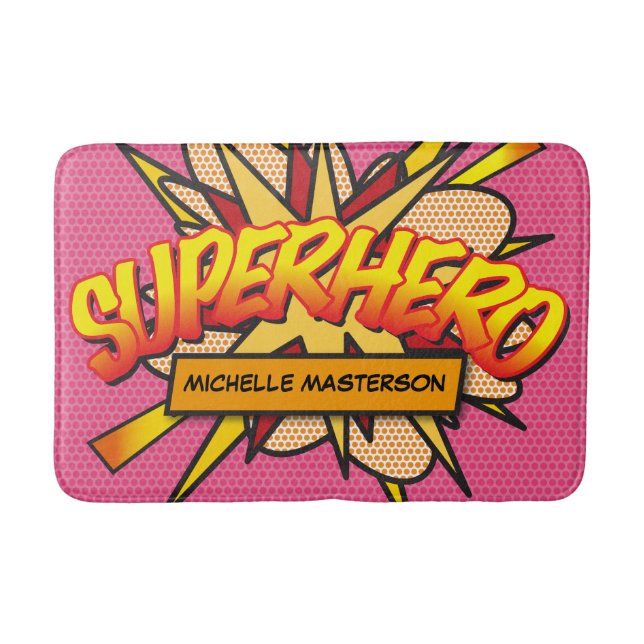 SUPERHERO Personalized Pink Comic Book Fun Bath Mat (Front)