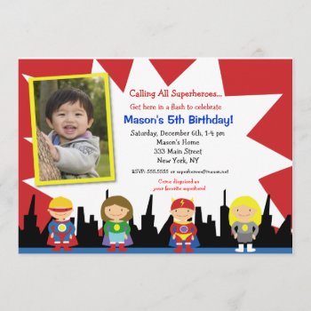 Superhero Photo Birthday Party Invitations by SugarPlumPaperie at Zazzle