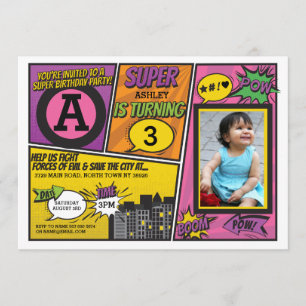Superhero Pink Girl's Invitation Super Hero Invite