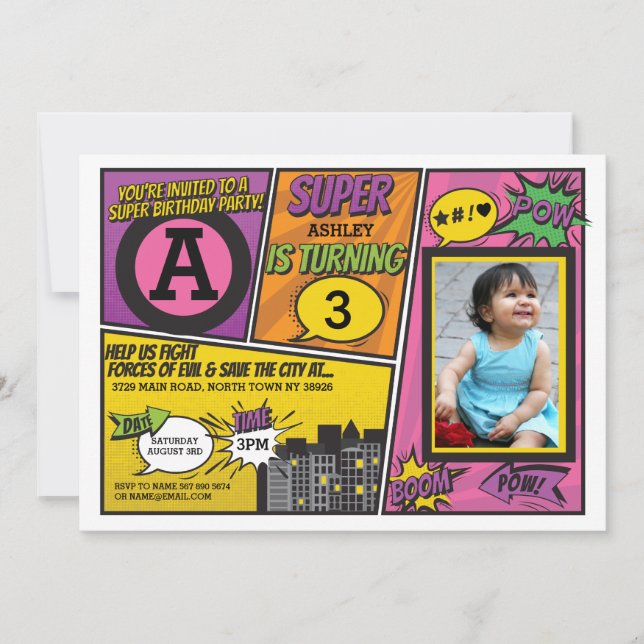 Superhero Pink Girl's Invitation Super Hero Invite (Front)