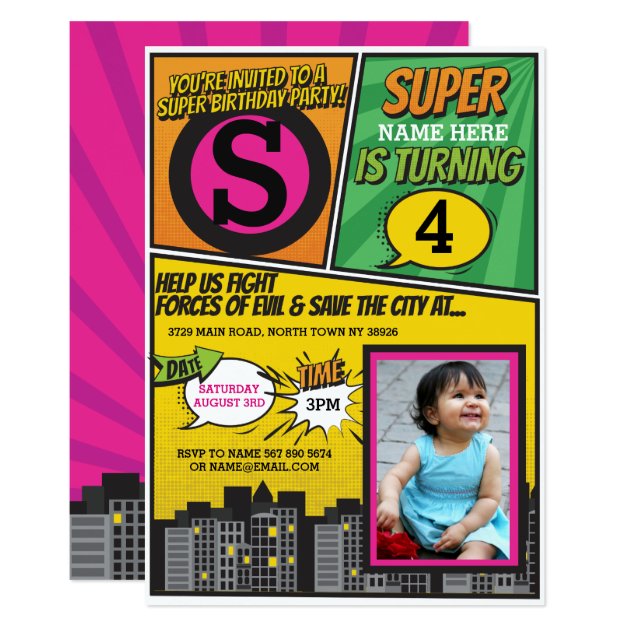 Superhero Pink Girl's Invitation Super Hero Invite