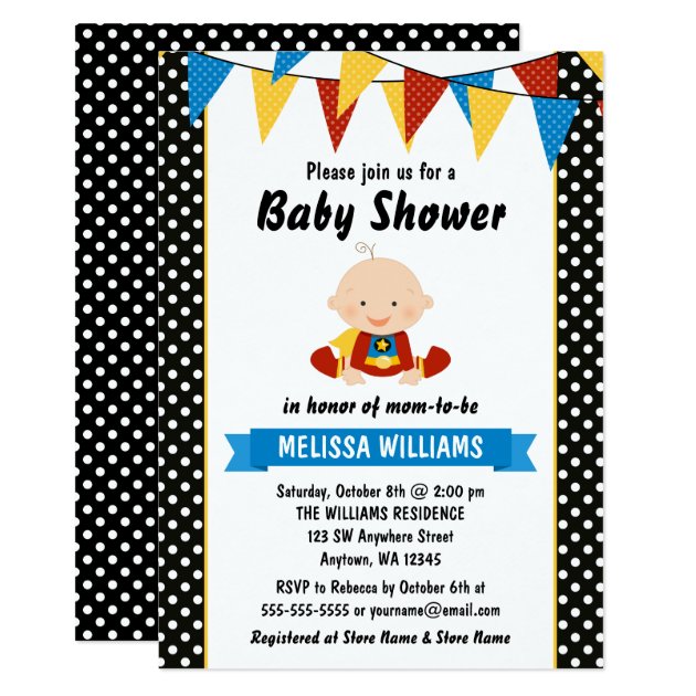 Superhero Polka Dot Bunting Baby Shower Invitation