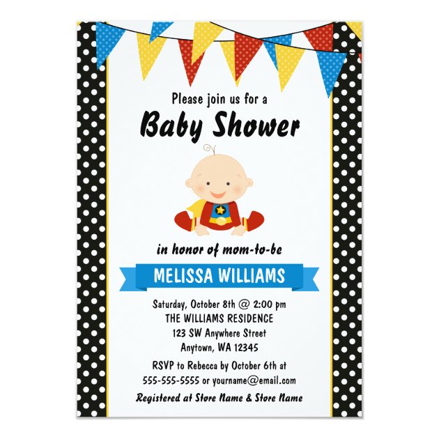 Superhero Polka Dot Bunting Baby Shower Invitation