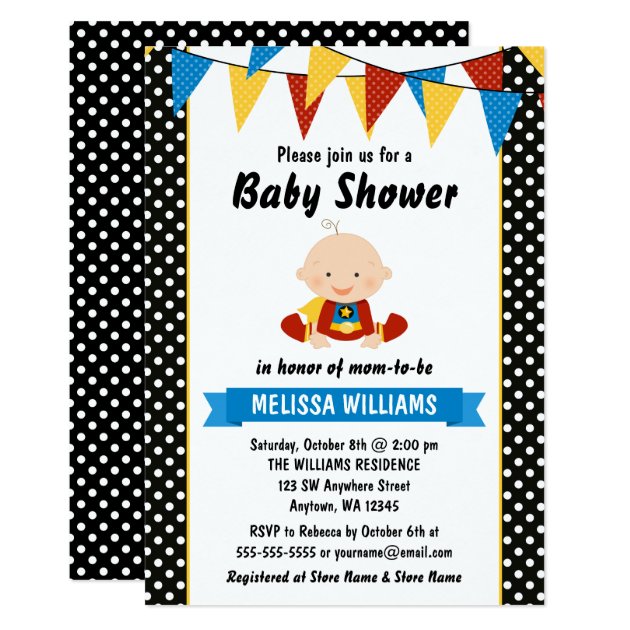 Superhero Polka Dot Bunting Baby Shower Invitation