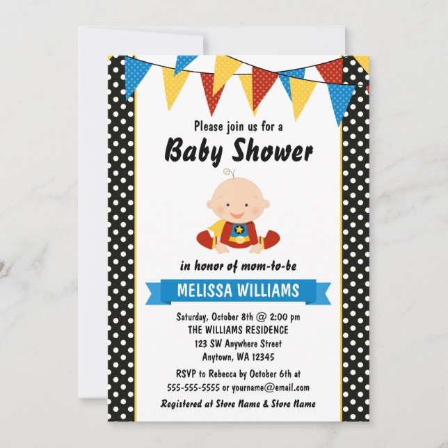 Superhero Polka Dot Bunting Baby Shower Invitation (Front)