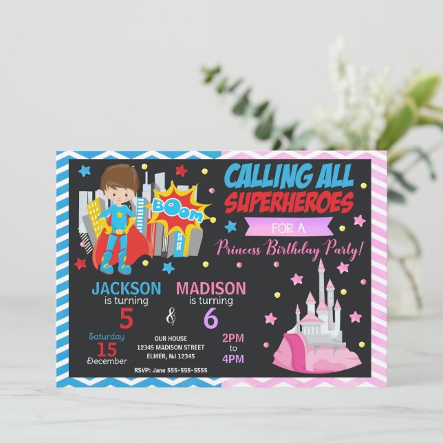 Superhero & Princess Joint Birthday Invitation (Standing Front)
