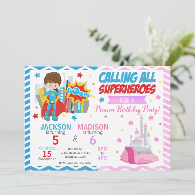 Superhero & Princess Joint Birthday Invitation (Standing Front)