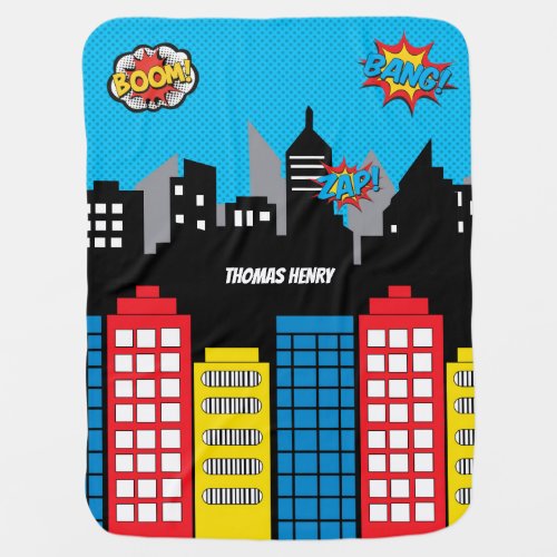 Superhero Skyline Cityscape Comics Boy Nursery Baby Blanket