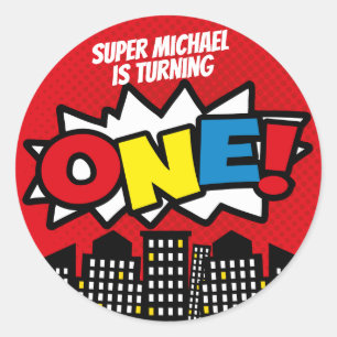Superhero Stickers, Birthday Party Decor, RED Classic Round Sticker