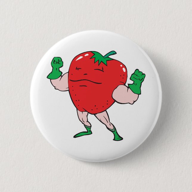superhero strawberry cartoon character pinback button (Front)