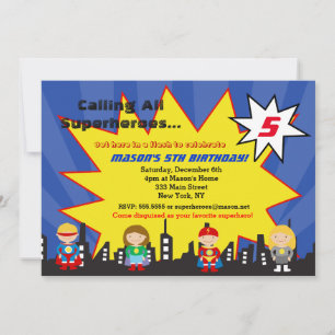 Superhero Super Hero Birthday Party Invitations