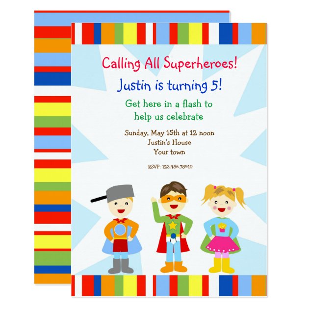 Superhero Super Heroes Birthday Party Invitations