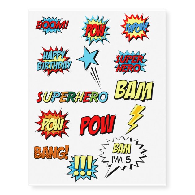 12 Superhero Words TATTOOS Party Favors Supplies for Birthday Loot Treat Bags 