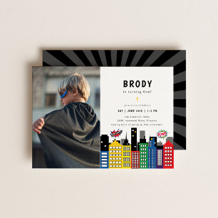 Superhero Theme Birthday Photo Invitation