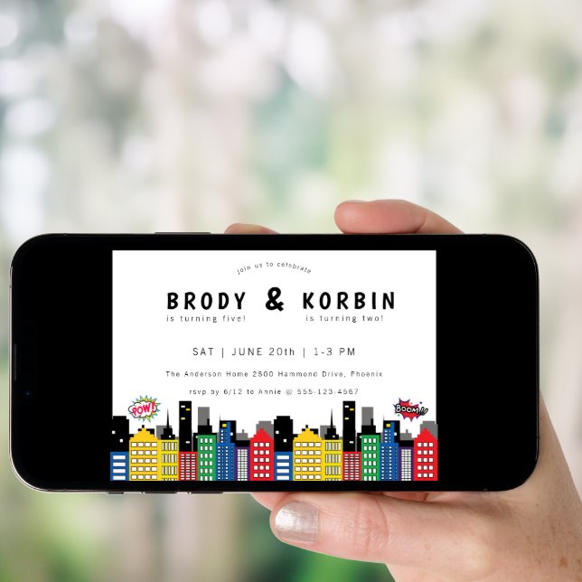 Superhero Theme Joint Birthday Invitation (Front Digital)