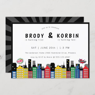 Superhero Theme Joint Birthday Invitation