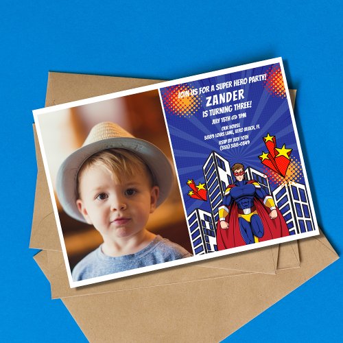 Superhero Theme Photo Boys 3rd Birthday Party  Invitation