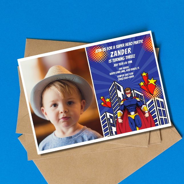 Superhero Theme Photo Boys 3rd Birthday Party  Invitation (Superhero Theme Photo Boys 3rd Birthday Party Invitation)