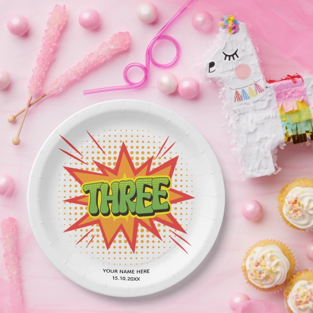 Superhero Theme Text Elegant kids 3rd Birthday Paper Plates (Party)