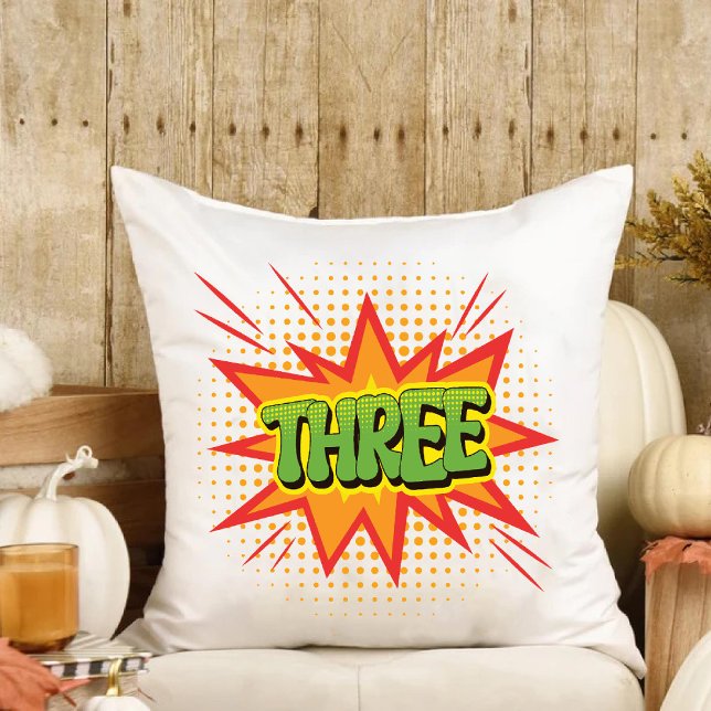 Superhero Theme Three year old kids Happy Birthday Throw Pillow (Superhero Theme Three year old kids Happy Birthday Throw Pillow)