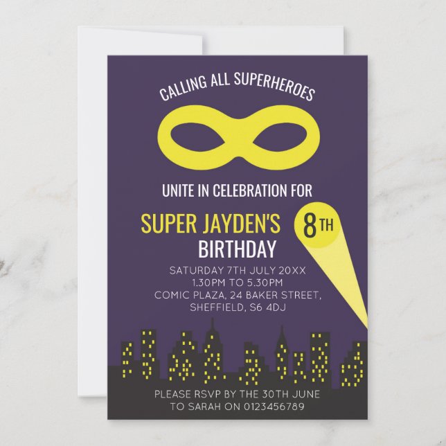 Superhero themed birthday party invitation (Front)