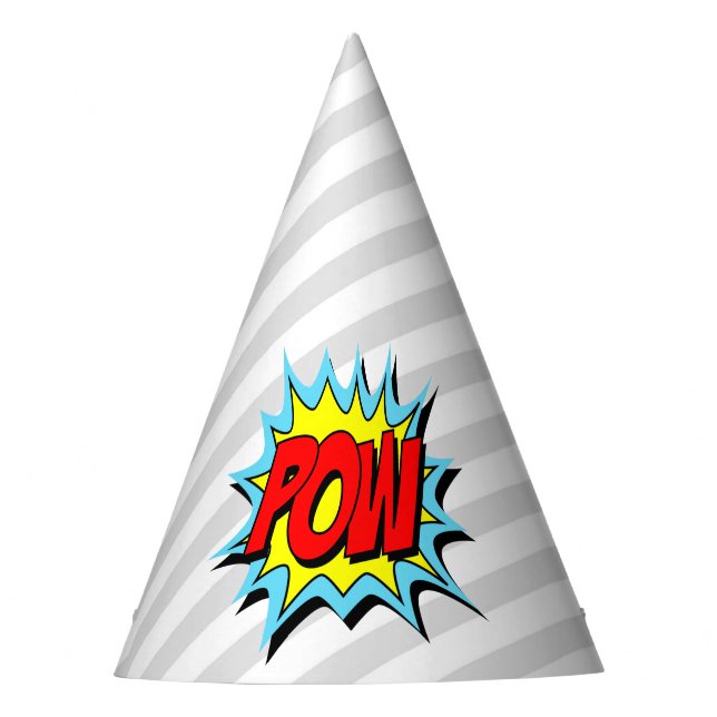 Superhero Themed Pow - Gray Stripe Party Hat (Front)