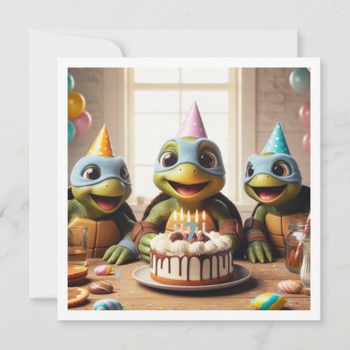 Superhero turtles eating cake birthday invitation