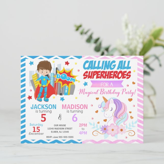 Superhero & Unicorn Joint Birthday Invitation (Standing Front)