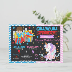 Superhero & Unicorn Joint Birthday Invitation