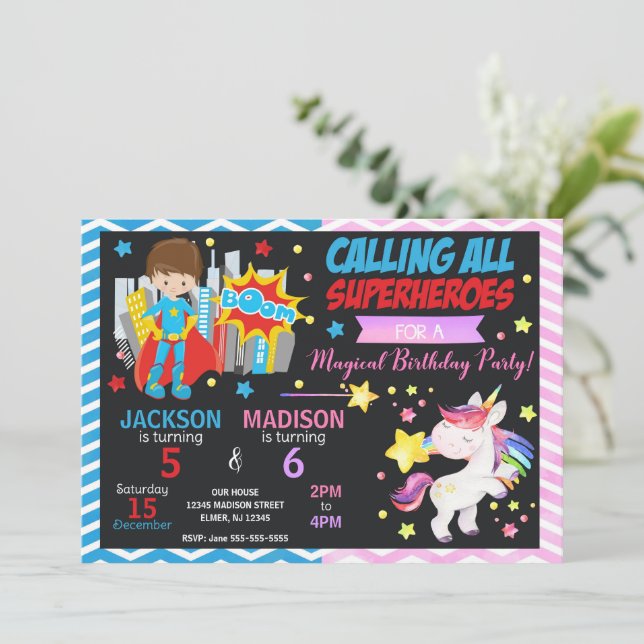 Superhero & Unicorn Joint Birthday Invitation (Standing Front)