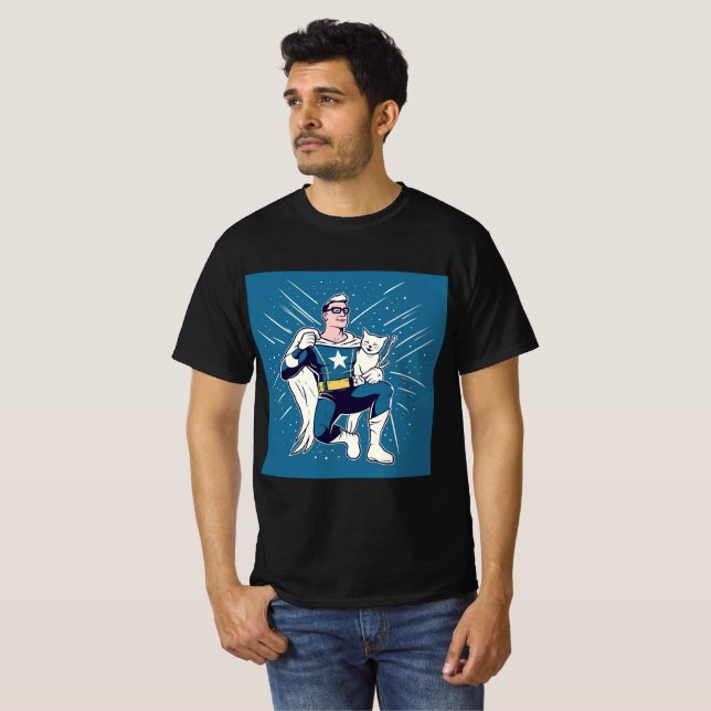 Superhero with His Cat T-Shirt (Front Full)
