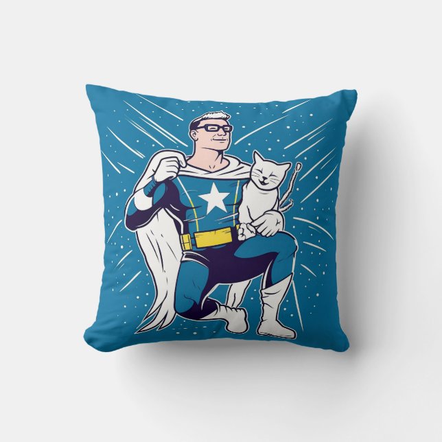 Superhero with His Cat Throw Pillow (Front)
